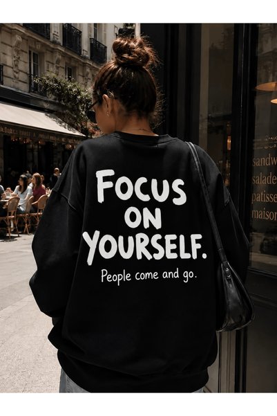 Vordevia Focus on Yourself Printed Cotton 3 Thread Threaded Crew Neck Oversiz...