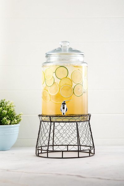 Generic Cookware Transparent glass drinks dispenser with black metal holder, ...