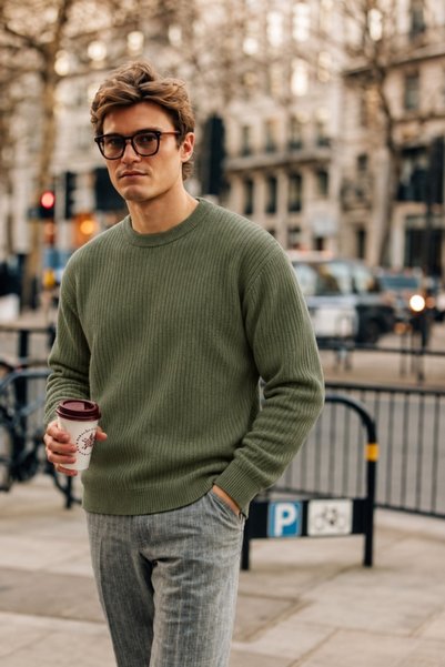 DAMGA JEANS Men's Crew Neck Ribbed Knitwear Green Sweater