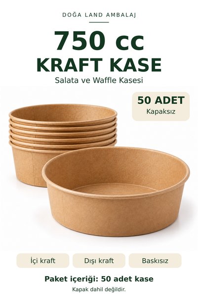 DOĞALAND 750 cc Kraft Karton Salata ve Waffle Kasesi Bowl Kapaksız 50 Adet