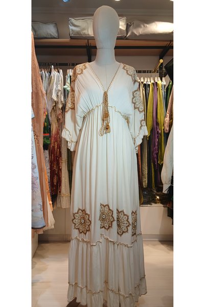 Anisa Women's Ecru / Cream Gold Ethnic Lace Embroidered Mirrored Tassel Colla...