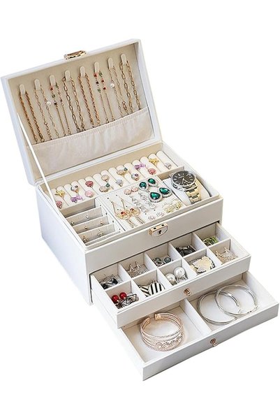 ZERIFAM Jewelry Storage Box - PU Leather Jewelry Organizer, 3 Layer Jewelry S...