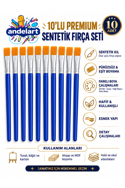 andelart 10 Adet Fırça, Sulu Boya, Akrilik Boya, Guaj Boya, Yağlı Boya, Resim...