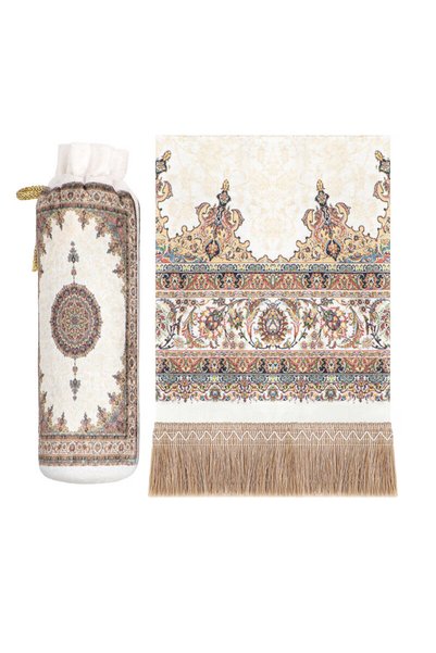 Bursa İpek Brown Palace Pattern Velvet Prayer Rug with Pouch