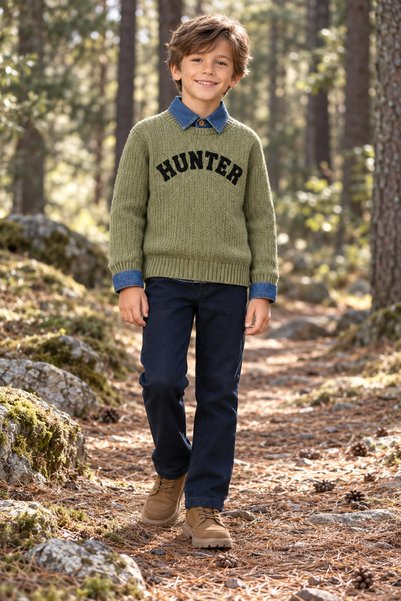Çocukos Boy's 100% Cotton Hunter Embroidered Knitwear Sweat Denim Shirt and T...