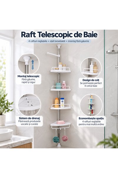 Zâna Casei Telescopic Corner Bathroom Shelf with 4 Adjustable Shelves, Stainl...