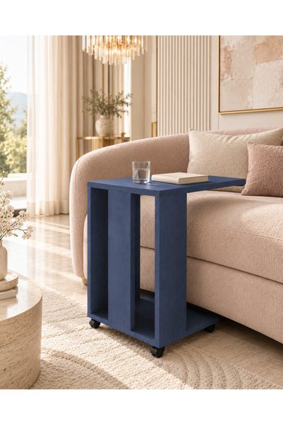 Çatı Home Ahşap Tekerlekli C Sehpa Özel Üretim Renk Ege Mavi