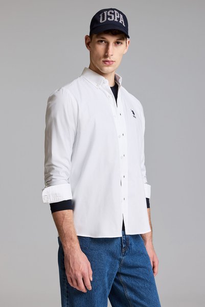 U.S. Polo Assn. قميص رجالي أبيض عادي بقصة عادية 100% قطن بأكمام طويلة 5032962...