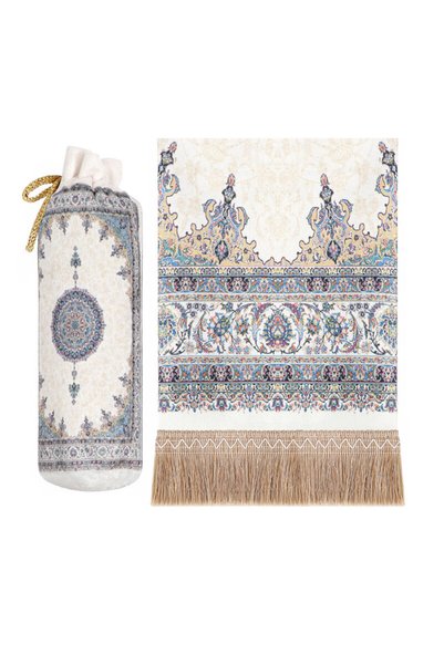 Bursa İpek Blue Palace Pattern Velvet Prayer Rug with Pouch