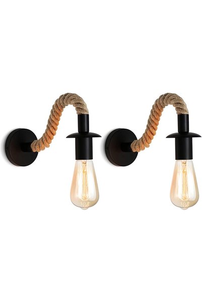 Noonedibs 2 buc. Lampă de perete vintage din frânghie de cânepă, aplice indus...