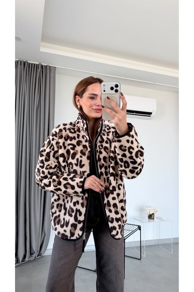 pelin yıldız butik Ekru Merida Leopar Desenli Peluş Ceket