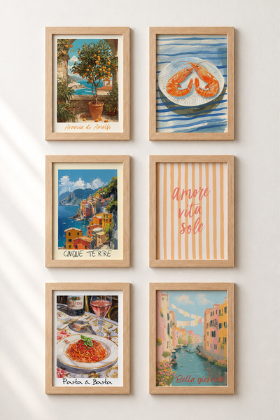 HOMEPACK 6 Piece Amore Vita Sole Framed Painting Set Italy Posters Living Roo...