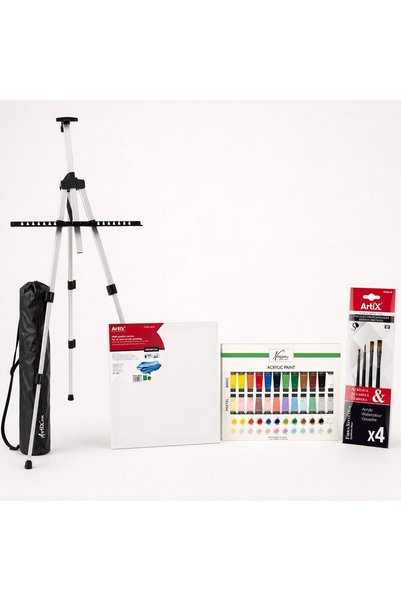 Artix Set de pictură pentru artiști cu șevalet, 4 pânze, 24 culori acrilice ș...