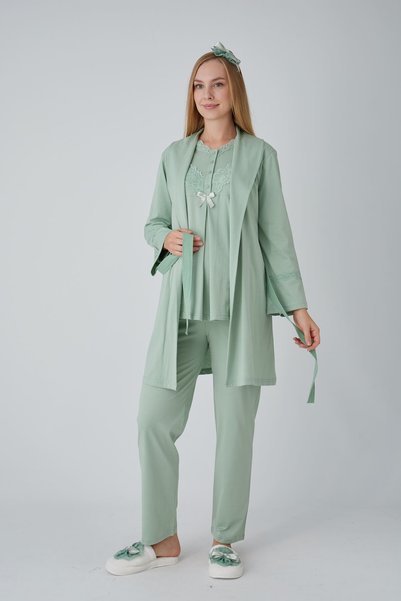 ERDENİZ TEKSTİL Guipure Lace Detailed V-Neck Buttoned Maternity Pajama Set wi...