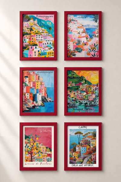 HOMEPACK 6 Piece Colorful Hillside Houses Framed Painting Set Italy Posters W...