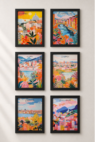 HOMEPACK 6 Piece Floral Italian Cities Framed Painting Set Italy Posters Wall...