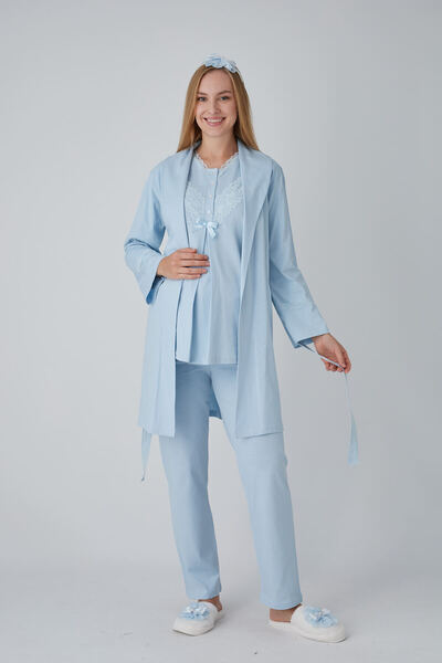 ERDENİZ TEKSTİL Guipure Lace Detailed V-Neck Buttoned Maternity Pajama Set wi...