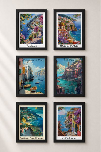 HOMEPACK 6 Piece Oil Painting Coastal Streets Framed Painting Set Italy Poste...