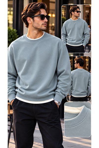 Erkek Oversize Sweatshirt Bisiklet Yaka Basic Günlük Spor Sweat