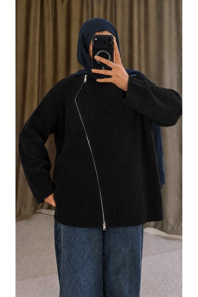 Hepsi Moda High Collar Side Zipper Knitwear Sweater - 7680 - Black (Os)