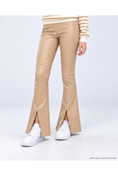 Minimoda Kids Pantaloni evazați din piele artificială pentru fete, cu șliț fr...
