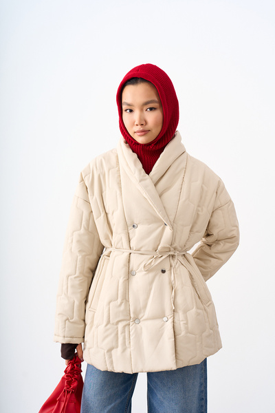 LOCCO Women's Snap Detail Tied Quilted Coat Stone