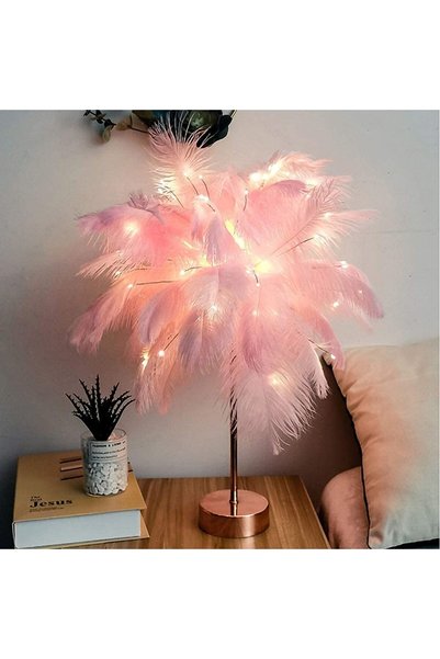 Noonedibs Lampă de masă cu pene, abajur cu pene, lumină de noapte LED, lumini...