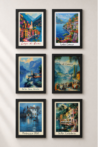 HOMEPACK 6 Piece Lake Como and Ports Framed Painting Set Italy Posters Wall D...