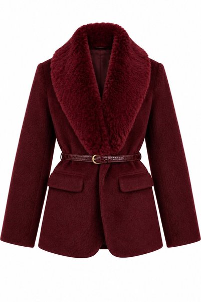Laluvia Burgundy Fur Collar Plush Jacket - 9688