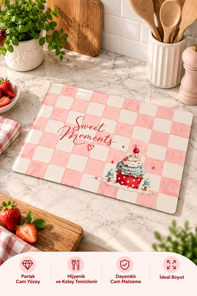 GÖKÇEOĞLU Glass Cutting Board Sweet Moments Powder Pink Checkered Cupcake The...