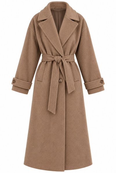 Laluvia Brown Shark Herringbone Long Coat - 2Y54530