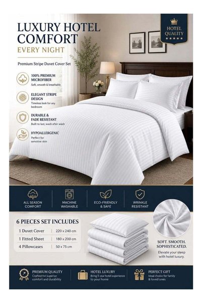 Generic Brand My Cotton Luxury Striped White Duvet Cover Set 6 Pieces King Si...