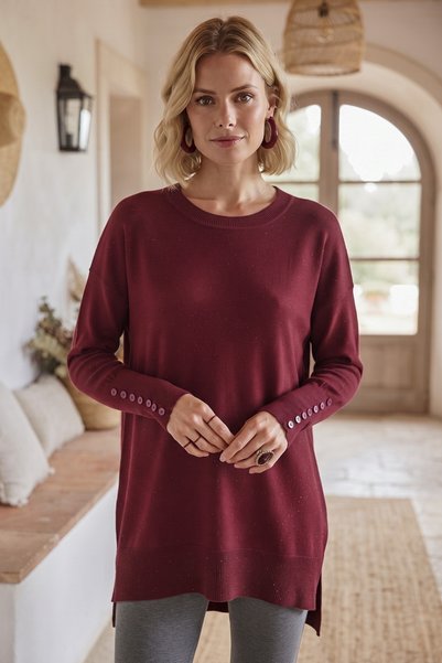 Chiccy Burgundy Round Neck Glittery Slit Casual Long Back Oversize Knitwear S...