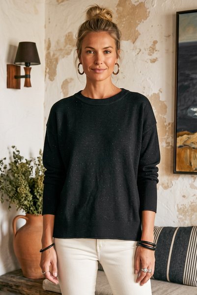Chiccy Black Round Neck Long Sleeve Ribbed Glittery Hem Ribbed Casual Knitwea...