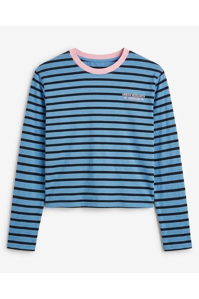 Bade Butik Blue coffee striped back blouse with text
