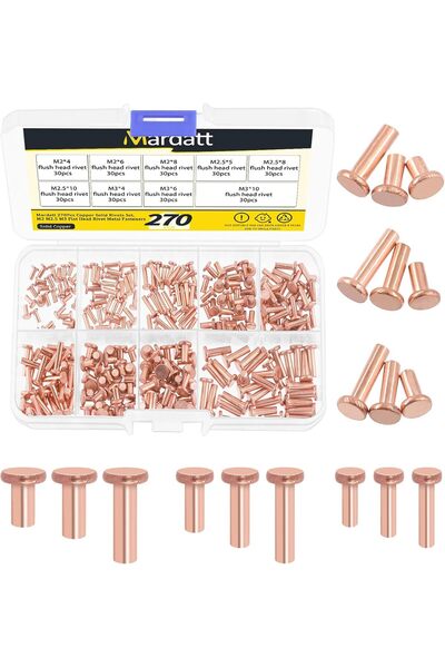 Generic 270Pcs Flat Head Copper Solid Rivets Kit, M2 M2.5 M3 Solid Copper Riv...