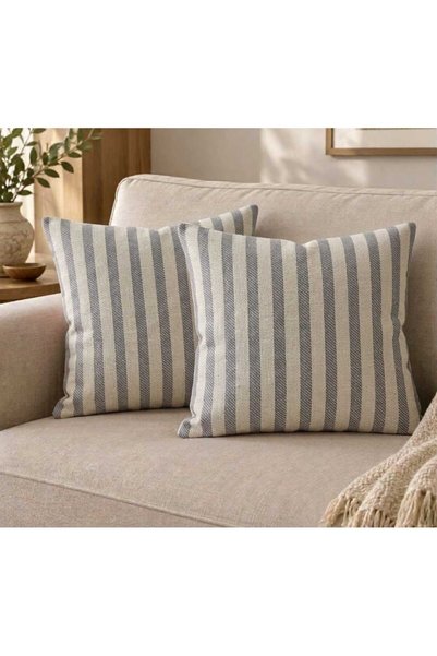 NATURAL LİFE CONCEPT Cotton Linen Throw Pillow Covers - Gray Striped - 2 Pieces