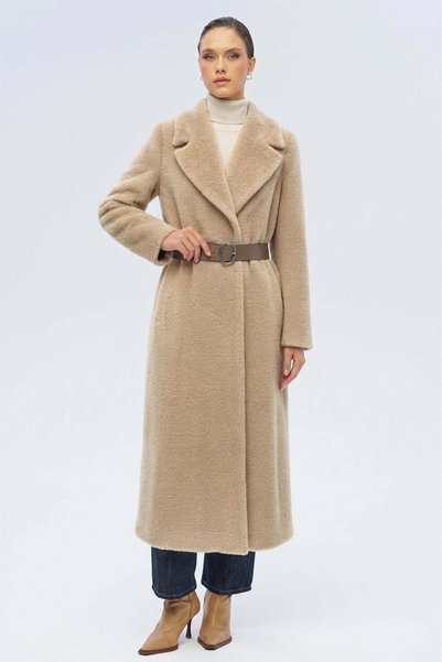 Olcay Intermediate Length Exclusive Plush Coat with Patent Leather Belt Acces...