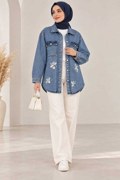 AVA LIFE STORE جاكيت دينيم نسائي كبير الحجم مزين بالورود