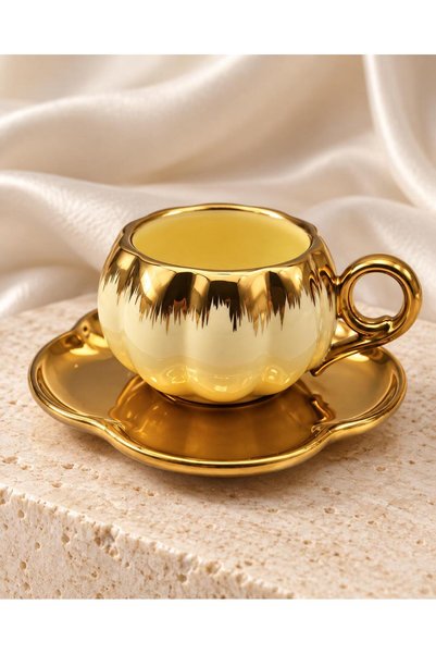 valkyrie 6 Kişilik Krem Gold Balkabağı Model Türk Kahvesi Fincan Takımı 12 Parça 80 ml Çeyizlik Krem