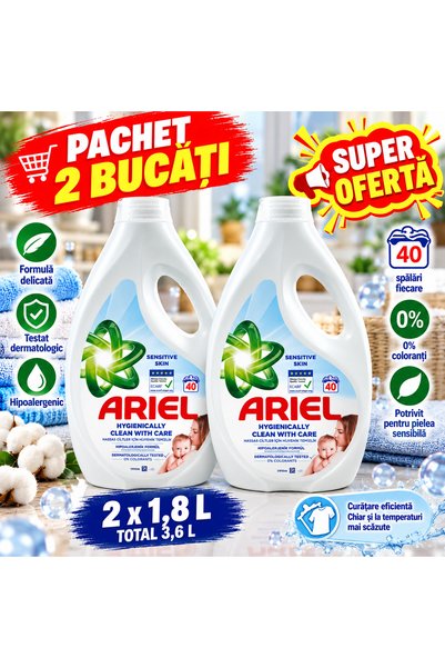 Ariel Promo Pack: 2 x Sensitive Skin Liquid Laundry Detergent, 1.8 L per bott...