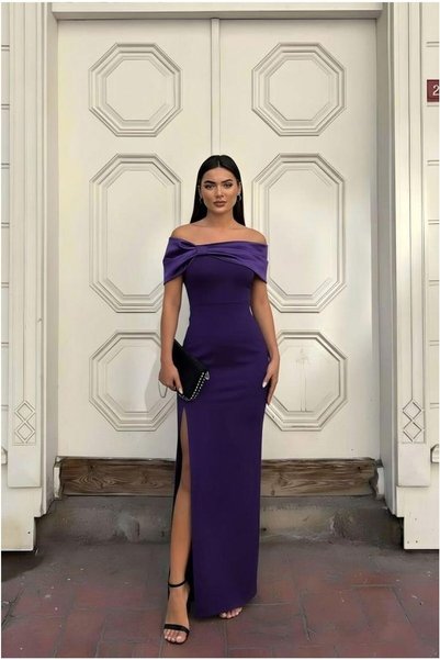 Şeker Portakalım Carmen Evening Dress with Collar and Bow Detail