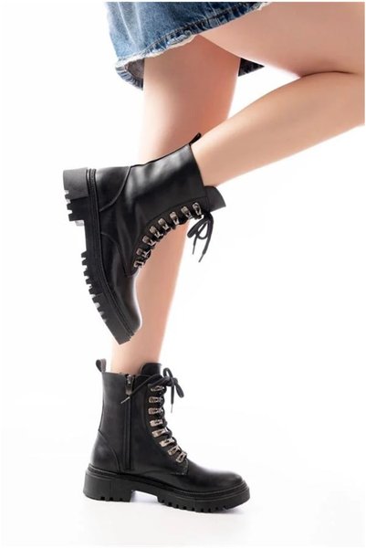 Şeker Portakalım Women's Comfortable Daily Leather Zippered Lace-Up Comfort B...