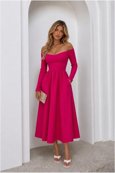 Şeker Portakalım Kayık Long Evening Dress Midi Sleeve Collar Dress