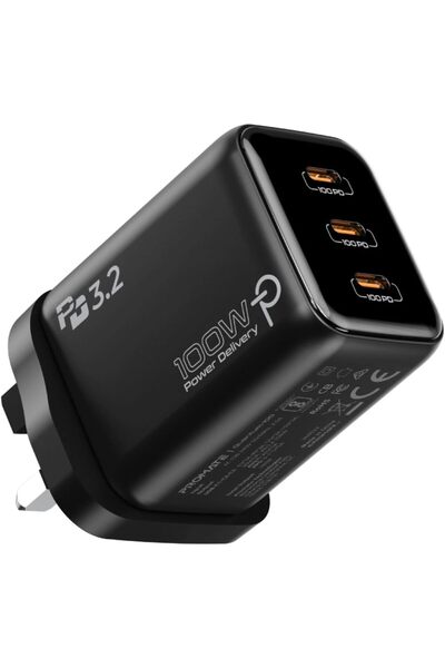 Generic شاحن حائط USB-C بقوة 100 واط وثلاثة منافذ، محول شحن سريع PD 3.2 GaN م...