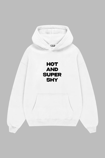 Sekizbiraltı هودي أبيض كبير الحجم مطبوع عليه Hot and Super Shy للجنسين