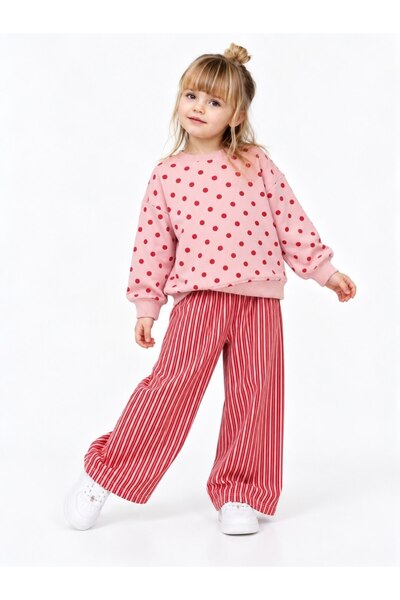 kr kids Girl's Pink Red Polka Dot Sweatshirt and Striped Wide-Leg Pants 2-Pie...
