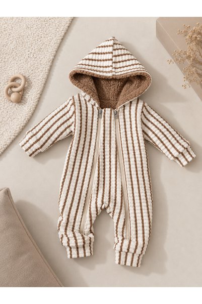 Chicsy Baby Tatlı Unisex Kışlık Triko Bebek Tulumu Kapüşonlu Çift Fermuarlı Ç...