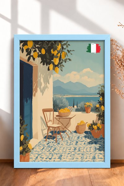 HOMEPACK Lemon Tree Blue Door Terrace Framed Painting Italy Poster Living Roo...