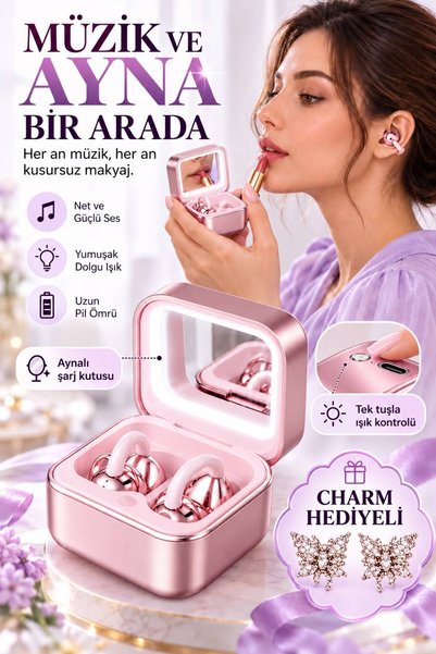 777 glow Makyaj Aynalı Led Işıklı Klips Küpe Tasarım Kablosuz Kulaklık BT 6.0...
